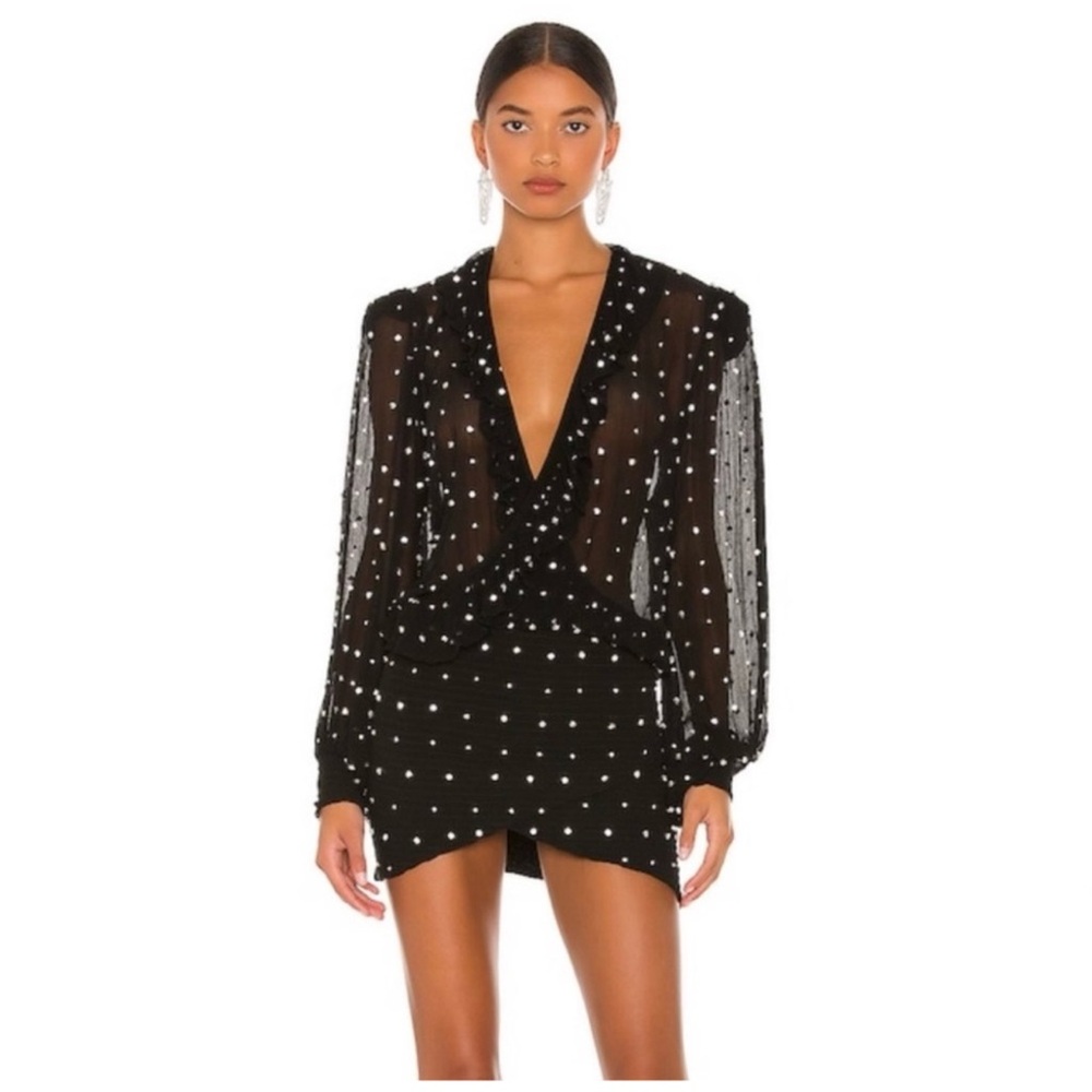 Retrofete Black and White Ruched Mini Dress with Plunge Neckline